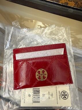 Tory Burch Berry Patent Leather Card Holder with Logo Tag